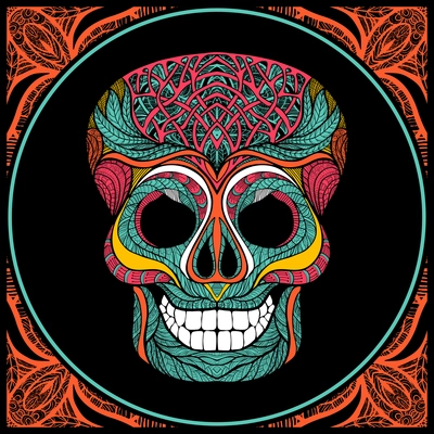 Human skull with colored ornament and lace pattern frame vector illustration