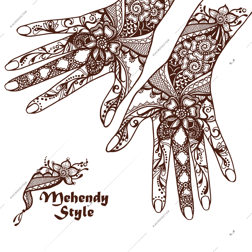 Decorative hands with traditional hindu henna tattoos sketch vector illustration