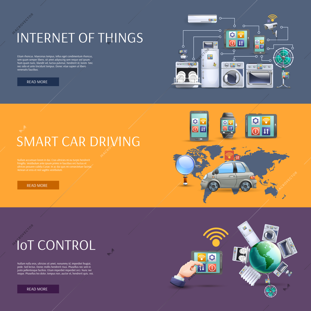 Internet of things smart car driving iot control interactive homepage flat banners set abstract isolated vector illustration