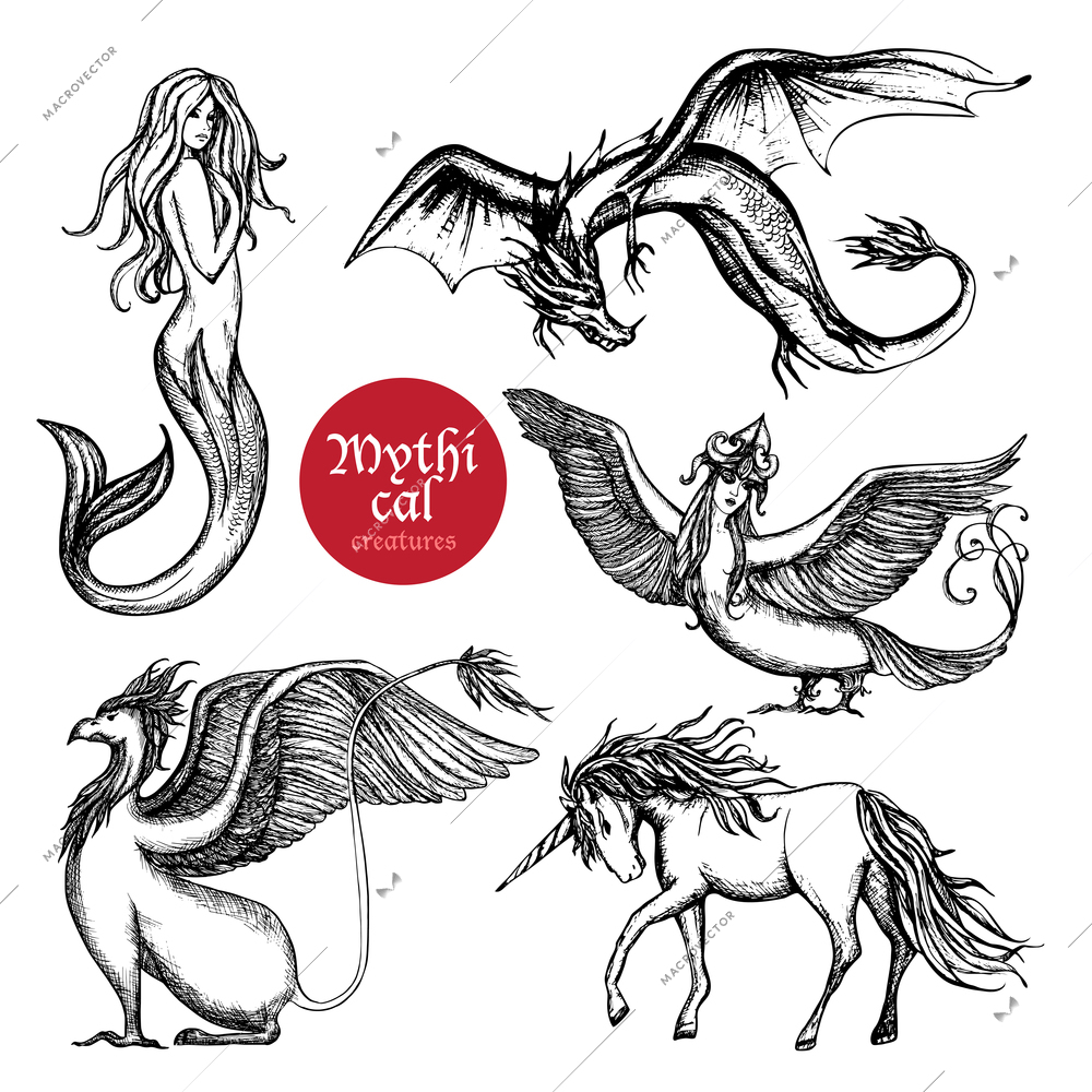 Mythical creatures hand drawn sketch set isolated vector illustration