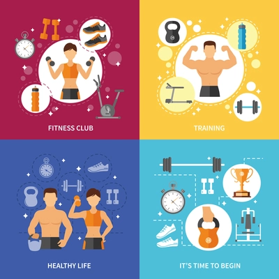 Fitness club sports training and time to begin healthy life flat color concept isolated vector illustration