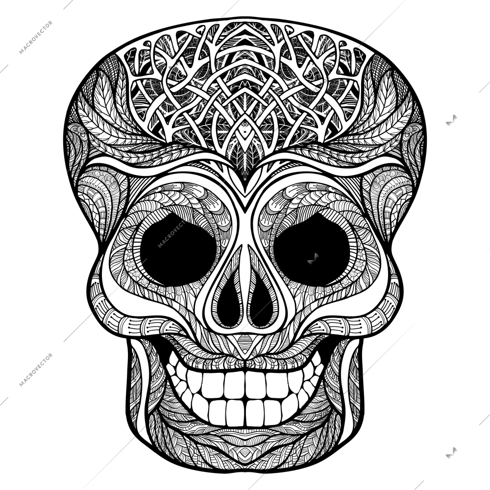 Open human skull as popular anatomical art decorative element hand drawn graphic  black doodle abstract vector illustration