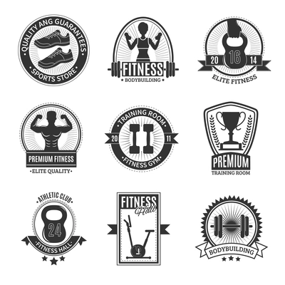 Fitness hall athletic club elite gym training room and sports store black and white badges set isolated vector illustration