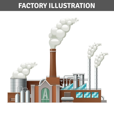 Realistic factory building illustration with steam and cooling system vector illustration