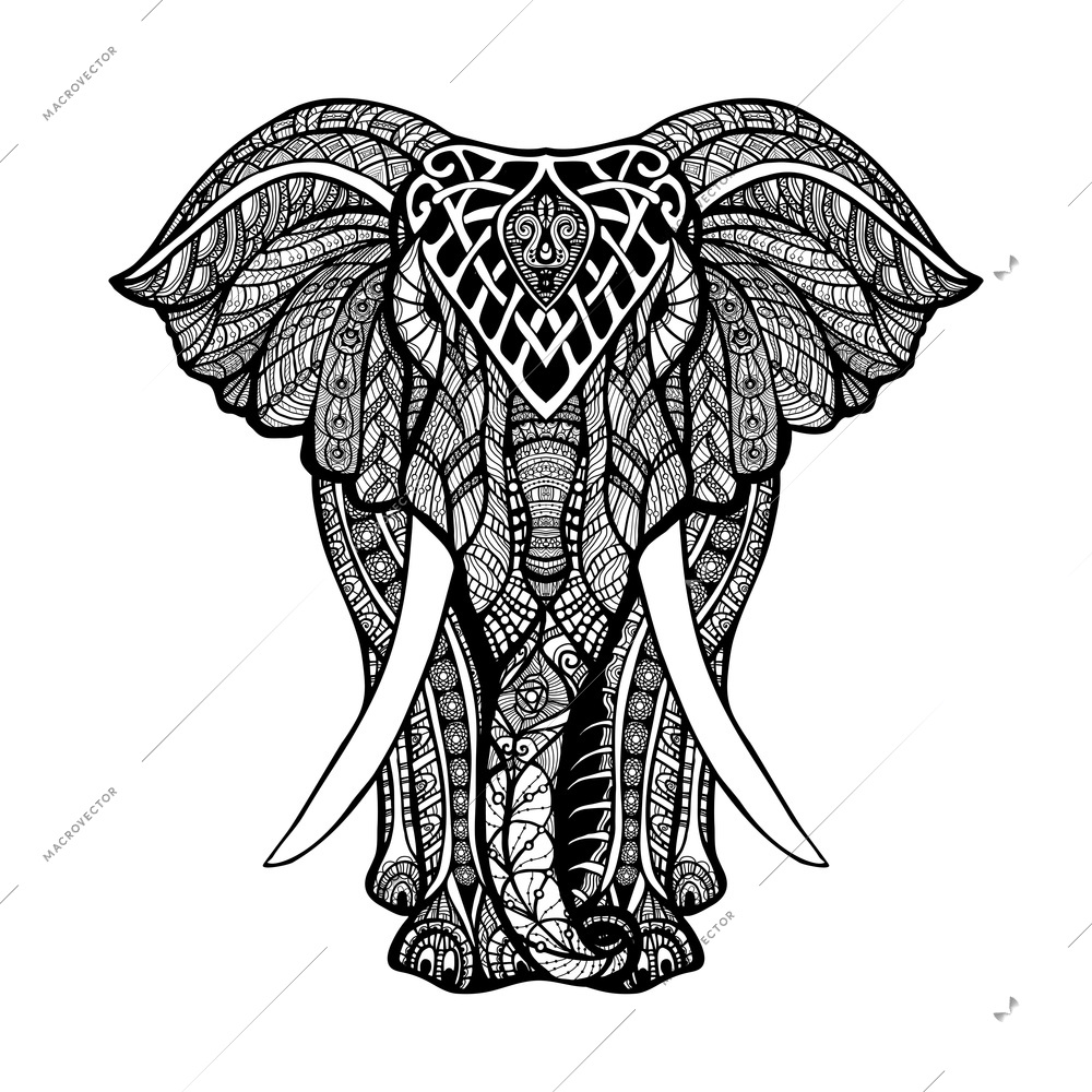 Decorative elephant front view with stylized ornament hand drawn vector illustration