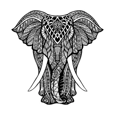 Decorative elephant front view with stylized ornament hand drawn vector illustration