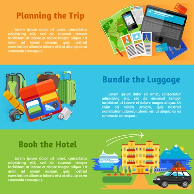 Summer vacation travel planning with hotel booking pictograms 3 horizontal flat banners set abstract isolated vector illustration. Editable EPS and Render in JPG format