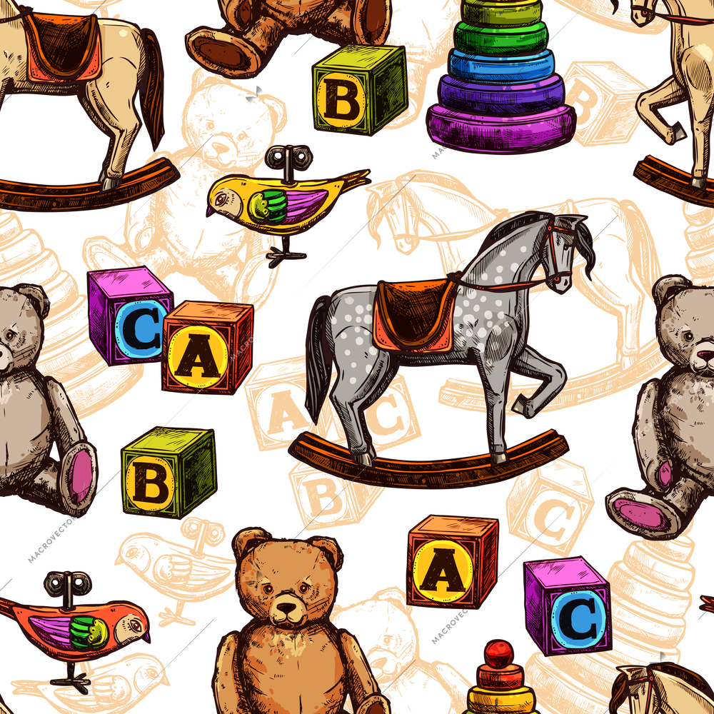 Vintage toy seamless pattern with sketch rocking horse teddy bear and pyramid vector illustration