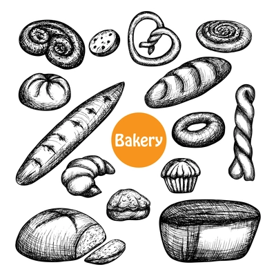 Hand drawn bakery set with bread and pastry isolated vector illustration