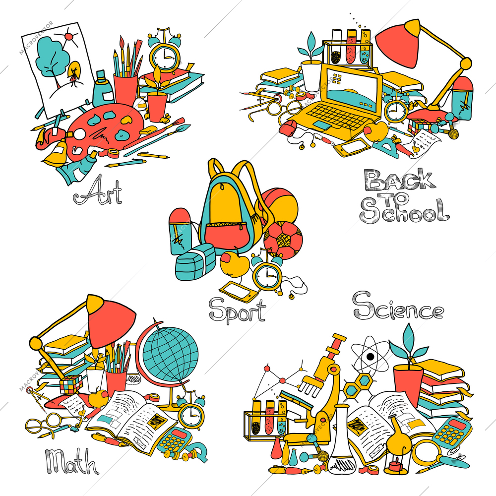 Back to school decorative concept set with doodle education elements isolated vector illustration