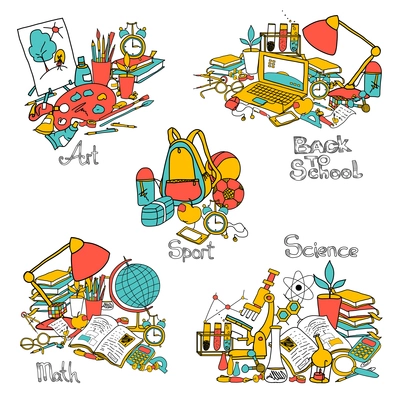 Back to school decorative concept set with doodle education elements isolated vector illustration