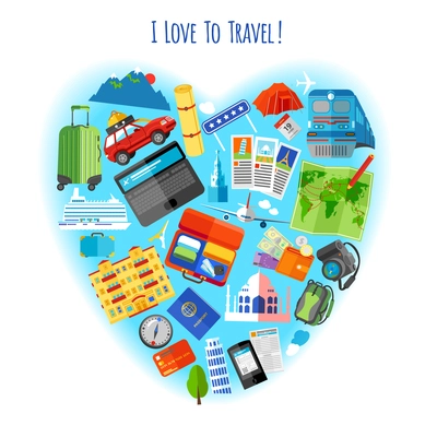 Love to travel concept heart shaped composition of  vacation tourism pictograms background poster flat  abstract vector illustration. Editable EPS and Render in JPG format