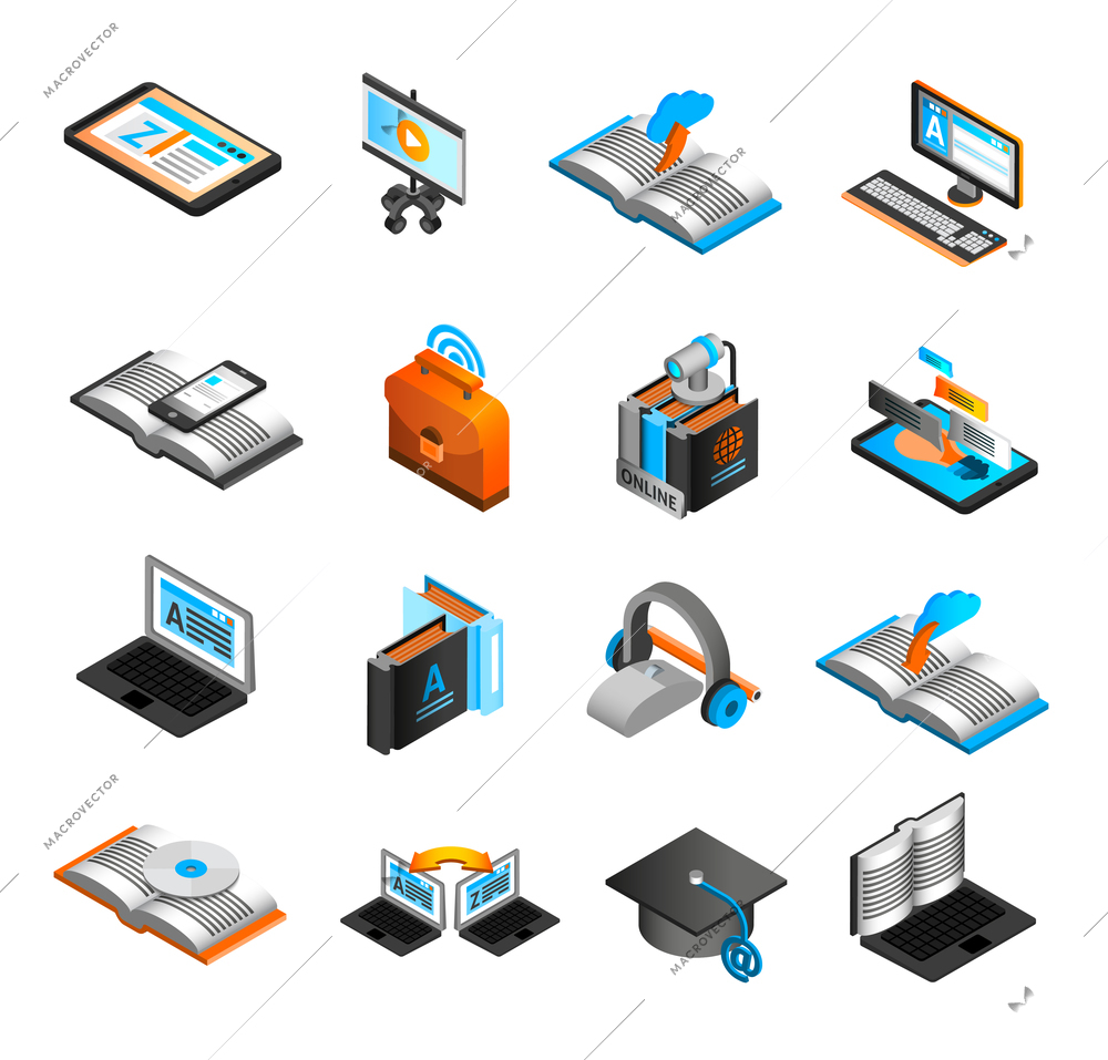 E-learning isometric icons set with laptop CD and webcam isolated vector illustration