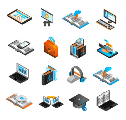 E-learning isometric icons set with laptop CD and webcam isolated vector illustration