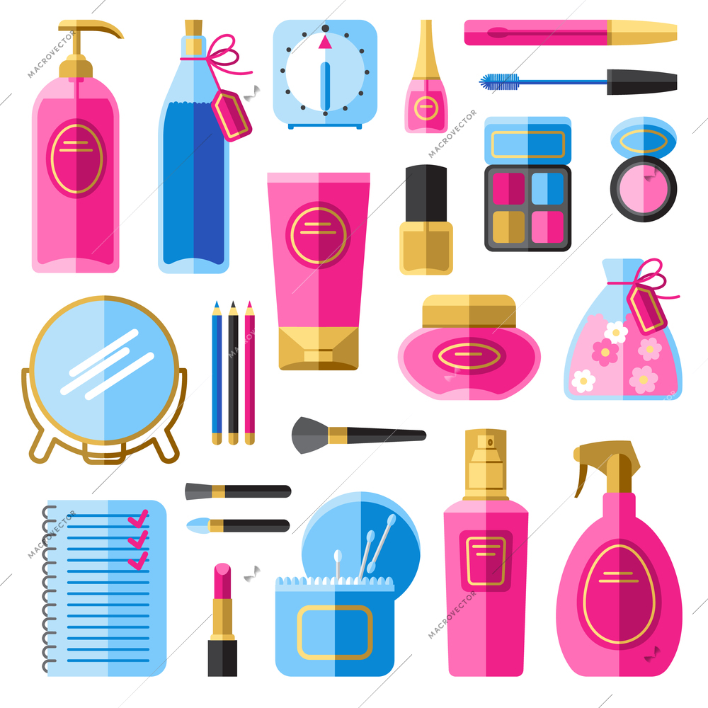 Makeup accessories for hair and face care flat icons set with hair spray abstract isolated vector illustration