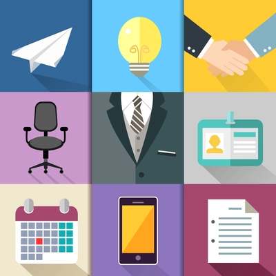 Business suits icons set with bulb handshake chair mobile phone vector illustration