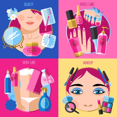 Beauty makeup face skin and nails care 4 flat icons square composition poster abstract isolated vector illustration