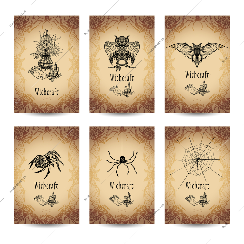 Vintage witchcraft vertical banner set with spooky animals isolated vector illustration