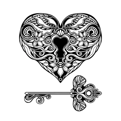 Decorative heart shape key and vintage lock hand drawn isolated vector illustration