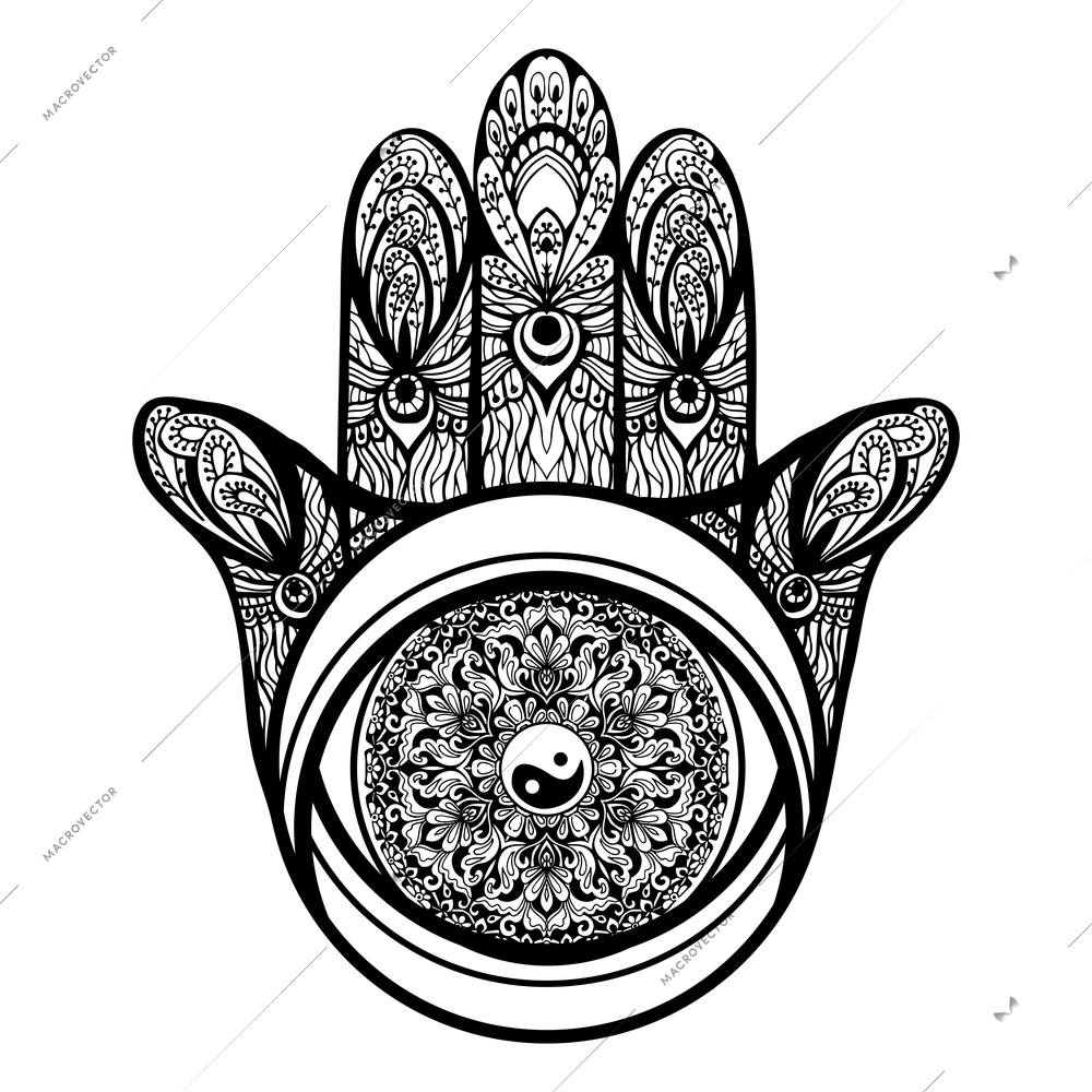 Muslim religious hamsa hand symbol with ornaments sketch vector illustration