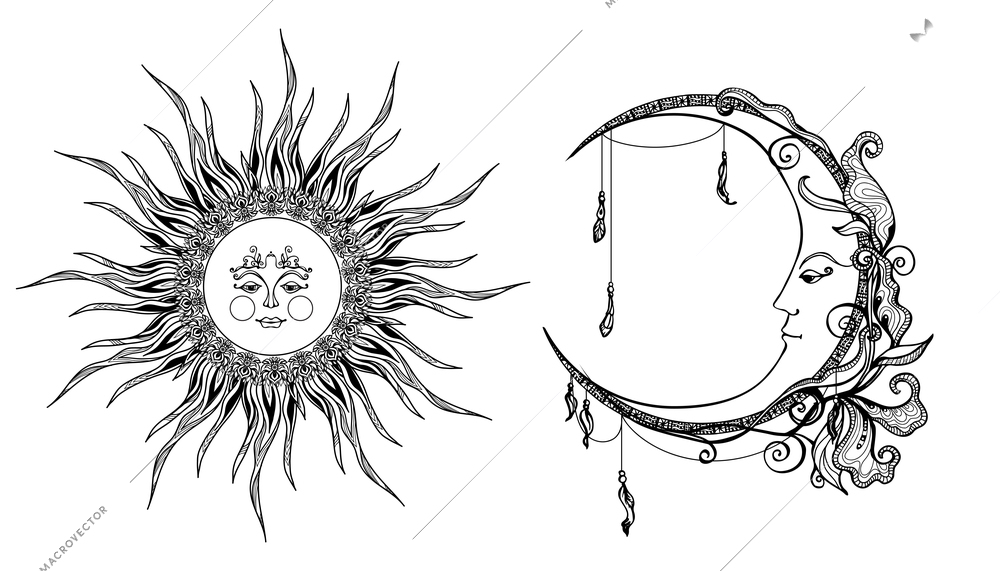 Decorative sun and moon with antropomorphic face hand drawn isolated vector illustration