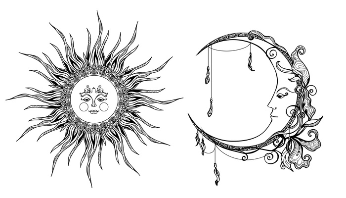 Decorative sun and moon with antropomorphic face hand drawn isolated vector illustration