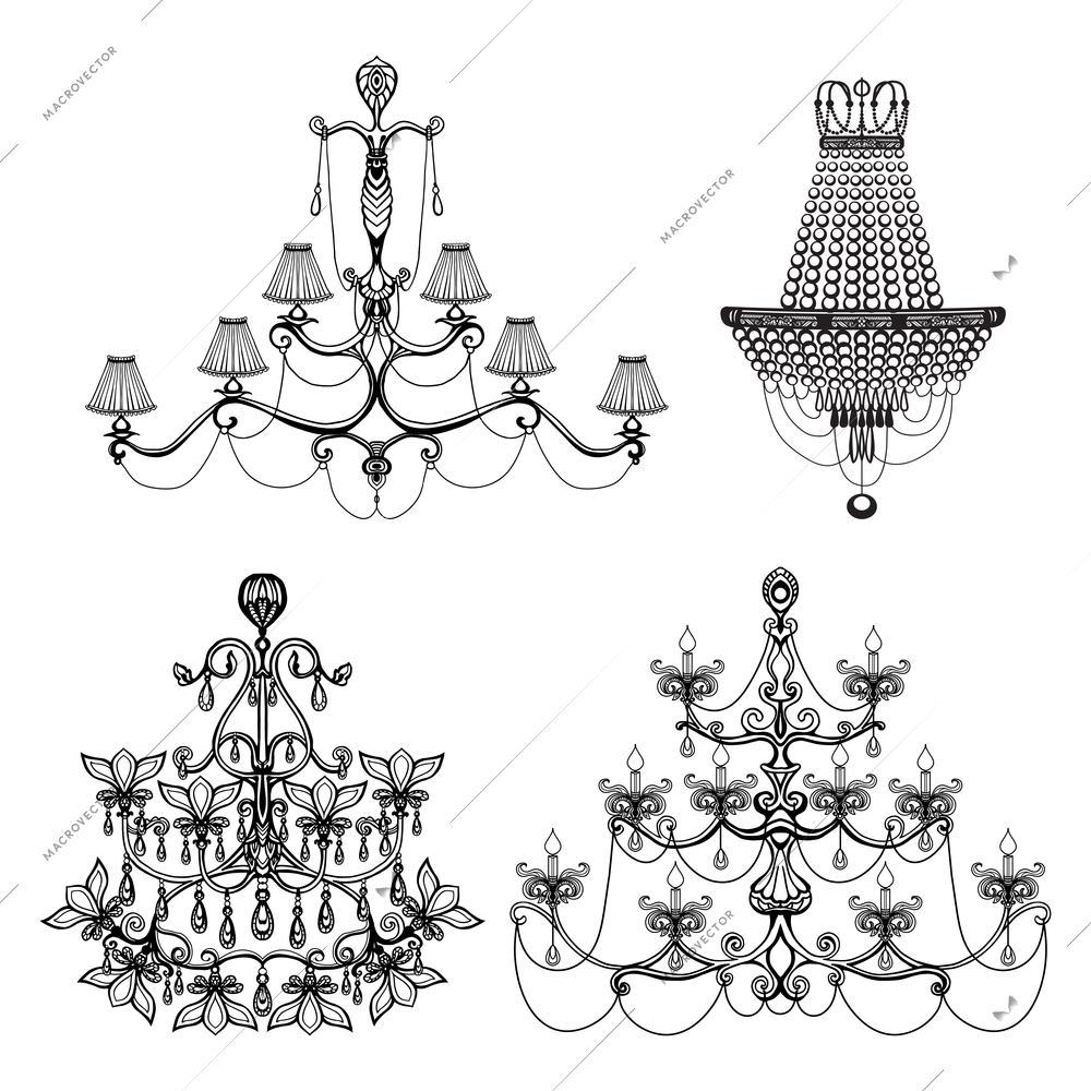 Decorative elegant luxury crystal chandelier icons set isolated vector illustration