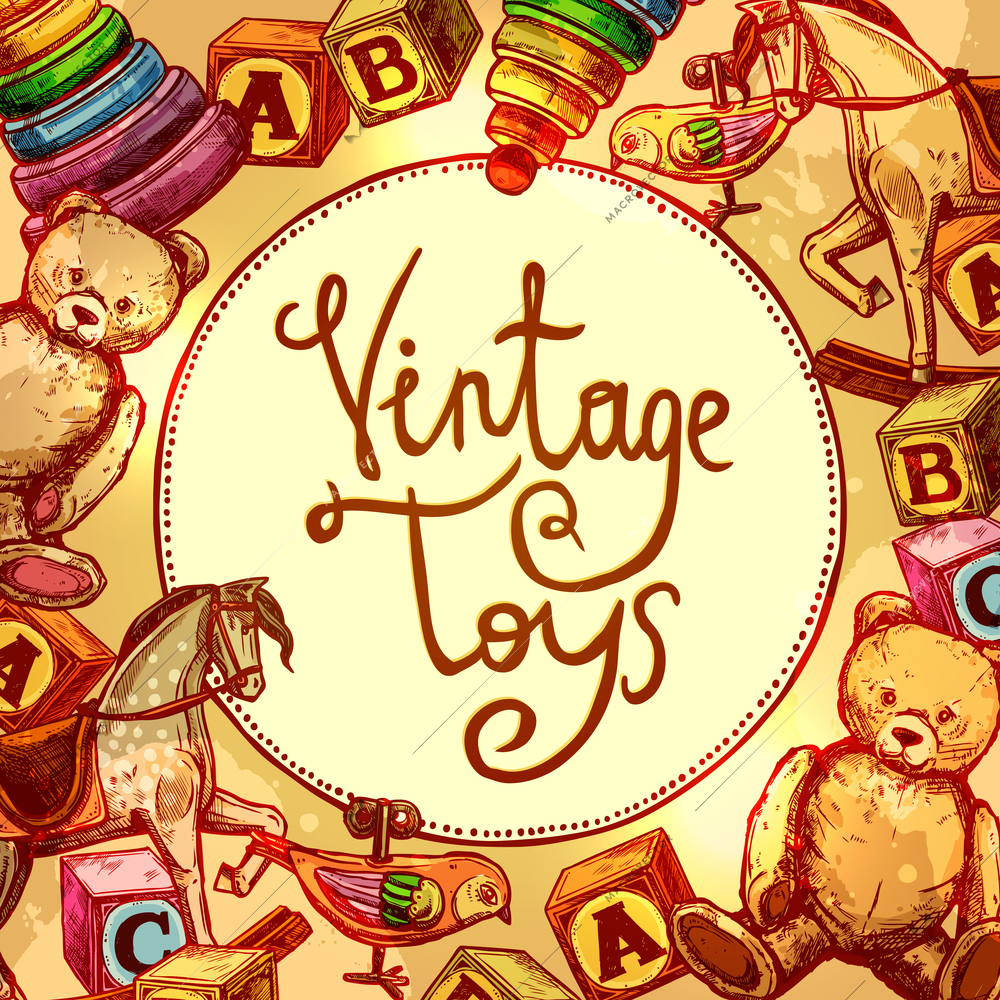 Vintage toys composition with old style blocks and clockwork bird vector illustration