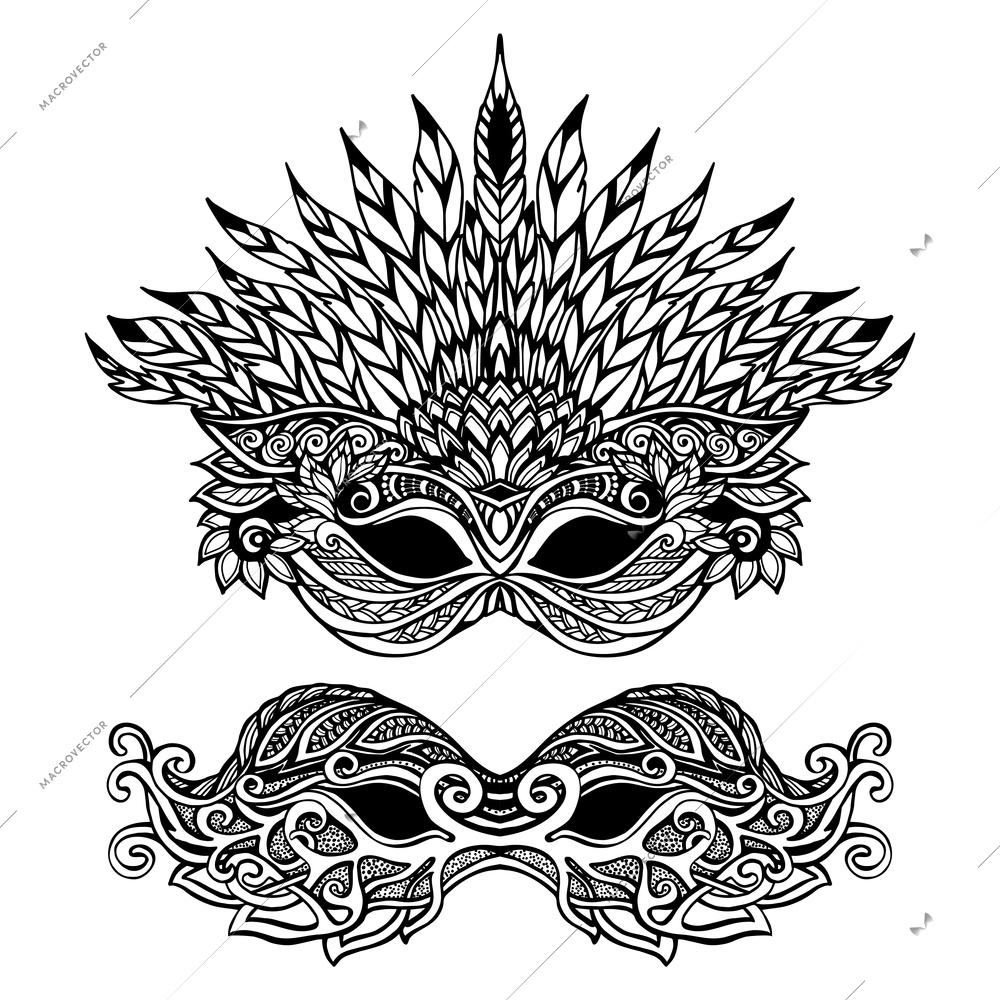 Decorative carnival mask set with feathers and ornaments isolated vector illustration