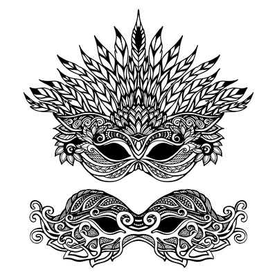 Decorative carnival mask set with feathers and ornaments isolated vector illustration