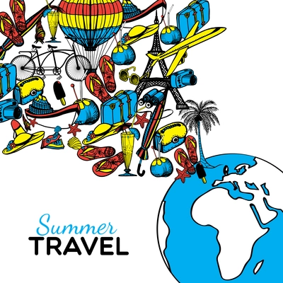 Travel concept with hand drawn summer holiday symbols and globe vector illustration