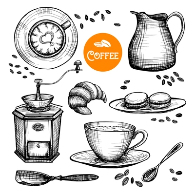 Hand drawn coffee set with milk pot cup and grinder isolated vector illustration