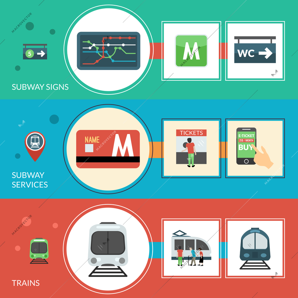 Subway horizontal banner set with signs and services elements isolated vector illustration