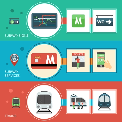 Subway horizontal banner set with signs and services elements isolated vector illustration