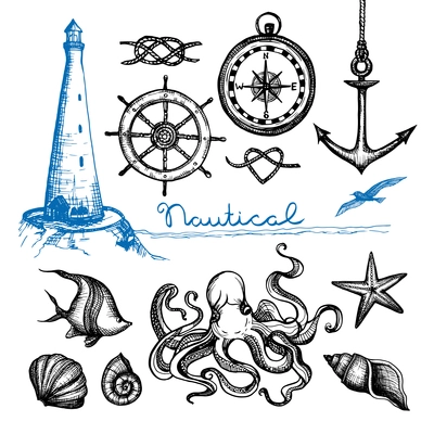 Nautical symbols and sea life hand drawn set isolated vector illustration