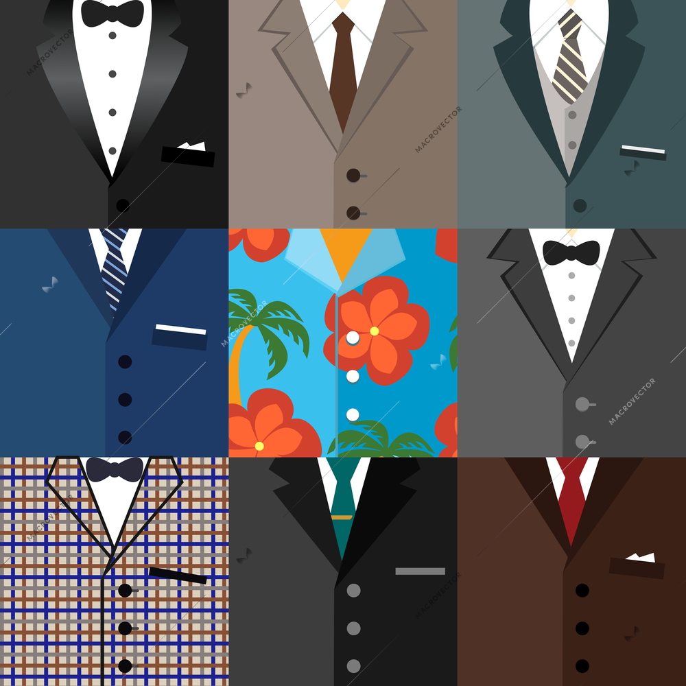 Business decorative icons set of classic modern dude hipster tuxedo suits with ties bows and one aloha shirt vector illustration