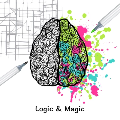 Hand drawn human brain with left logic and right creative hemispheres vector illustration