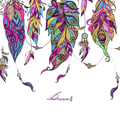 Ethnic dreamcatcher feathers with sketch abstract colored ornament vector illustration