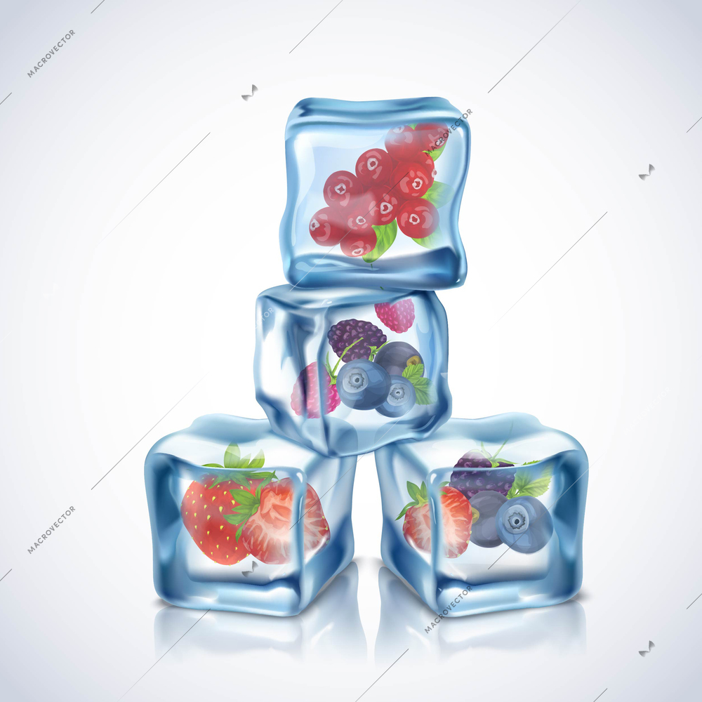 Realistic transparent blue ice cubes with berries inside vector illustration