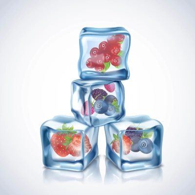 Realistic transparent blue ice cubes with berries inside vector illustration