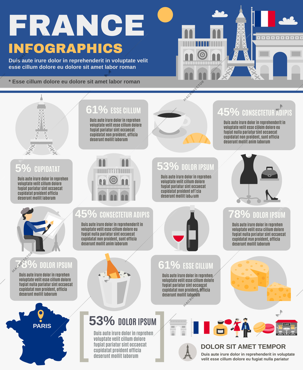 France infographic set with tourist symbols and signs vector illustration