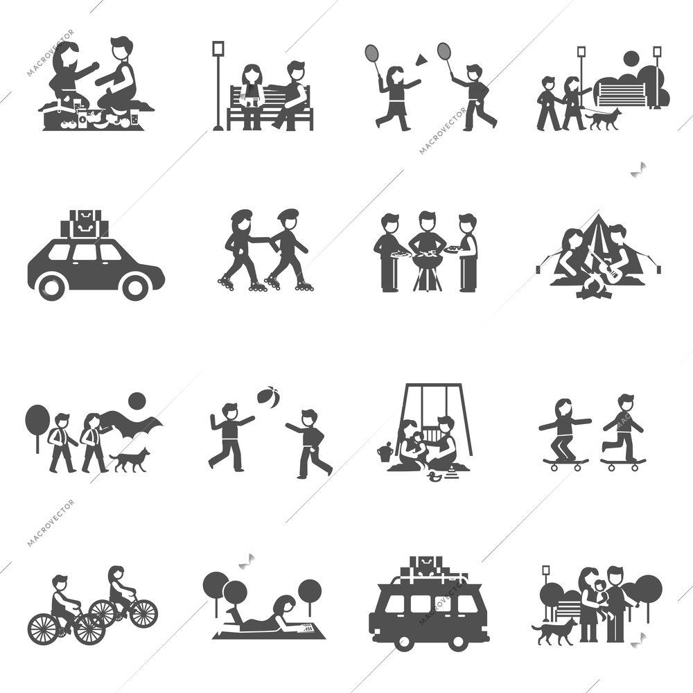 Outing black icons set with parents and kids playing outdoors isolated vector illustration