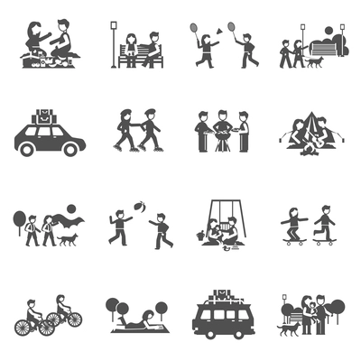 Outing black icons set with parents and kids playing outdoors isolated vector illustration