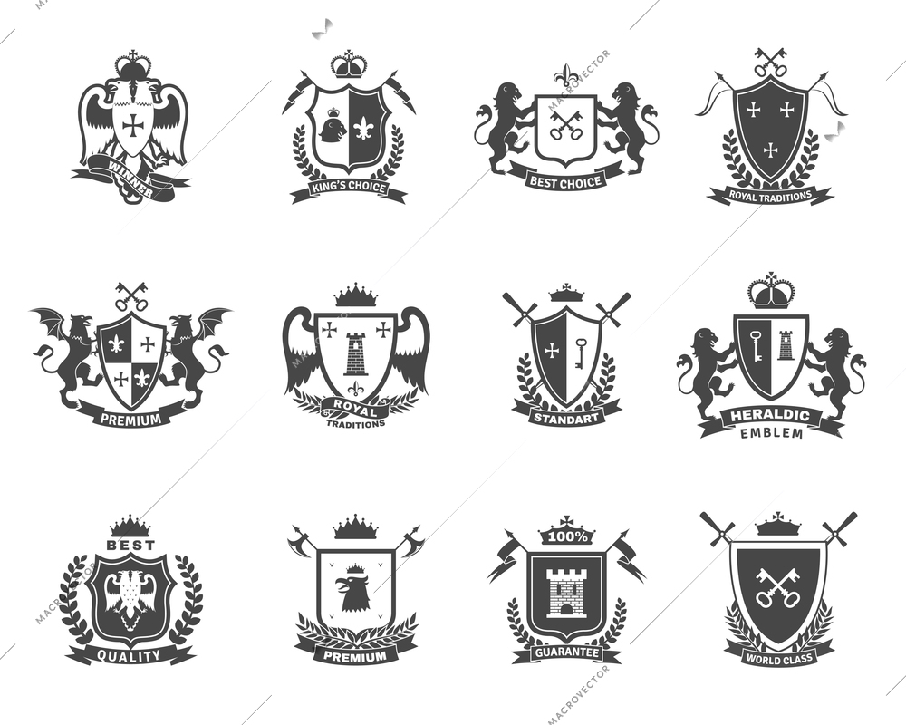 Heraldic premium quality black white emblems  set with royal traditions symbols flat isolated vector illustration