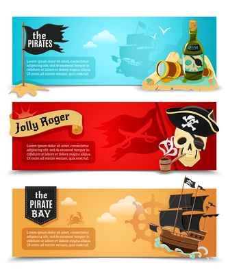 Pirates flat banners set with ship jolly roger and  triangle black hat symbols abstract isolated vector illustration