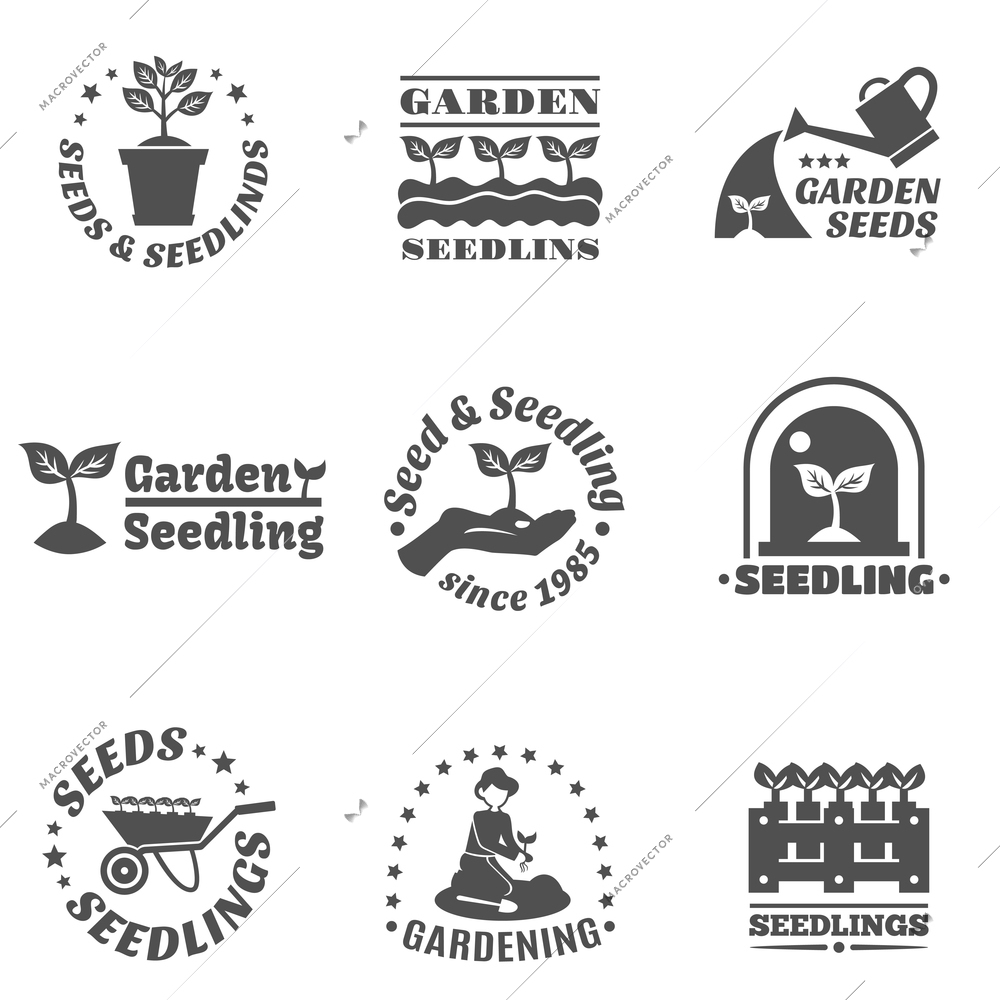 Seedling farming and garden black label set isolated vector illustration