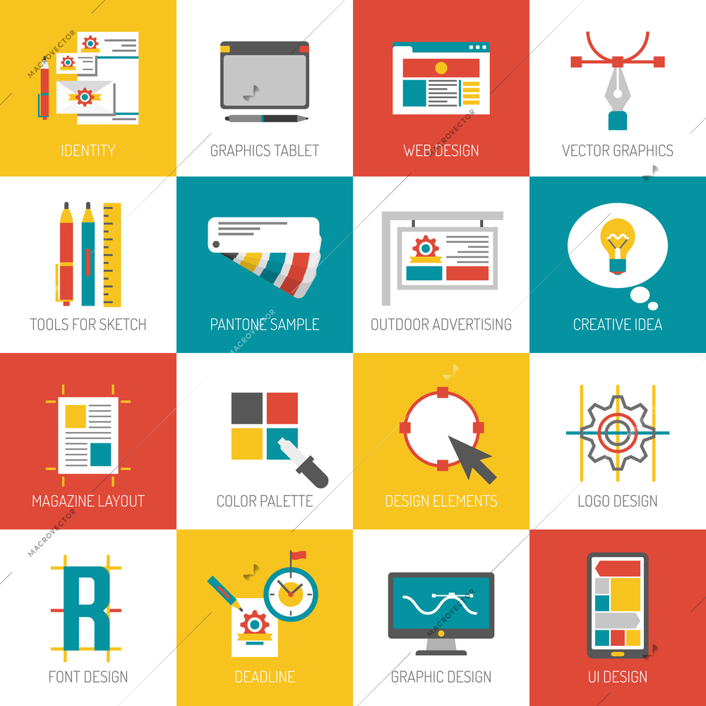 Graphic web and font design flat icons set isolated vector illustration