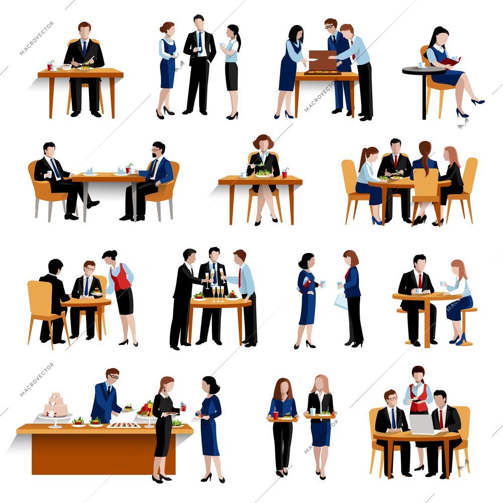 Business office lunch break pause as successful personnel productivity boosting  flat icons collection abstract isolated vector illustration