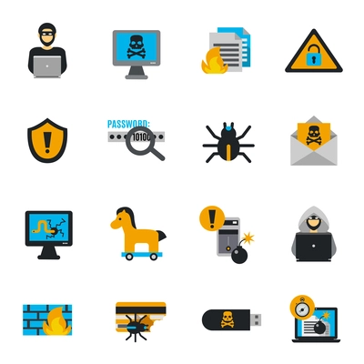 Hacker icons flat set with spam and cyber crimes symbols isolated vector illustration