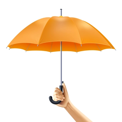 Human hand holding open yellow umbrella realistic vector illustration